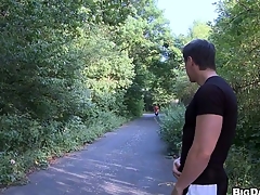 Brunette man decided to be thrilled by his friend right in front cute green woodland